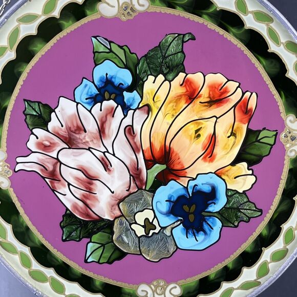 Joan Baker Designs Art Glass Suncatcher Bright Flowers Hand Painted Bird Garden - Picture 5 of 11